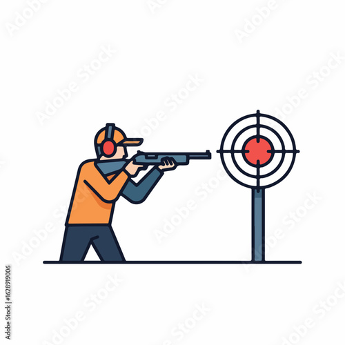 Focused shooter aims rifle at target, practicing precision in sport competition.