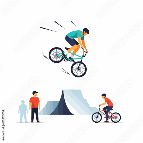 Dynamic BMX rider performs aerial trick over ramp, thrilling spectators at extreme sports event