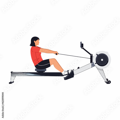 Dynamic woman powering through workout on modern rowing machine for peak fitness and health goals