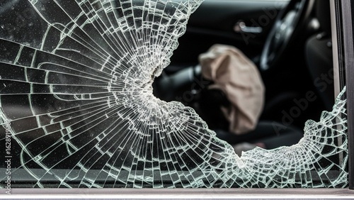 Shattered Car Window Close-up. Broken Glass from Car Break-in. Vehicle Accident Damage