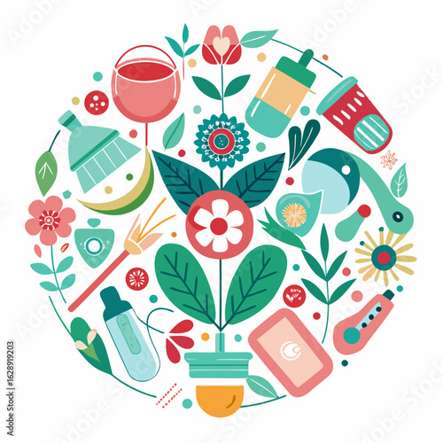 Whimsical garden tools and flowers arrangement isolated on white background