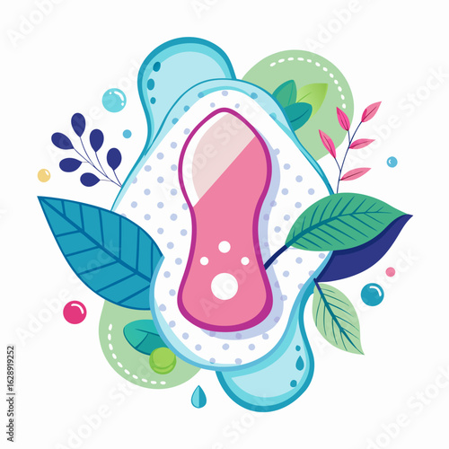 Feminine hygiene pad with leaves and water drops isolated on white background