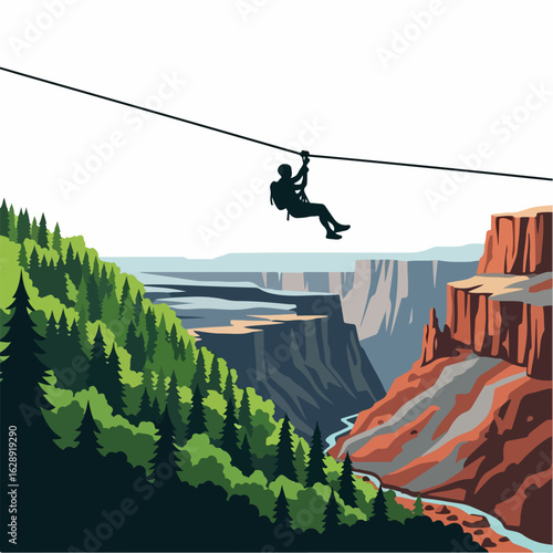 Thrill seeker ziplines across majestic canyon with lush forest and river below adventure awaits