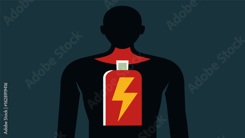 A low battery symbol on a persons chest representing the depletion of energy and motivation that often accompanies depression. Through ketamine.