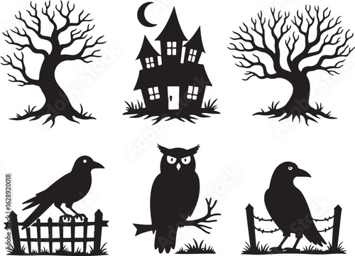 Spooky Halloween silhouettes eerie haunted house, bare trees, owls, crows