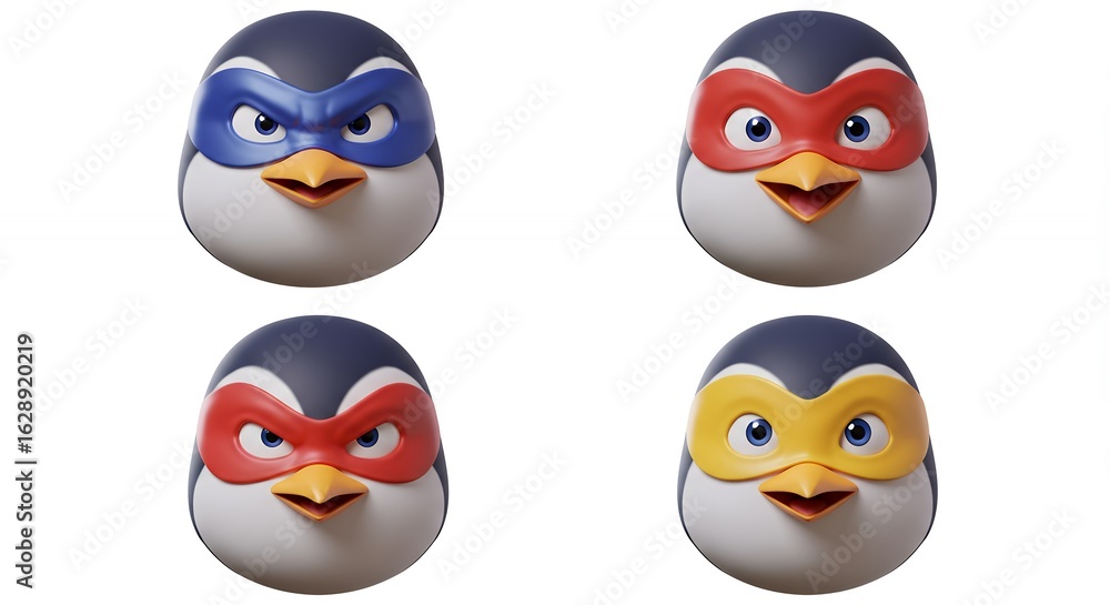 Fototapeta premium Four colorful cartoon penguin masks