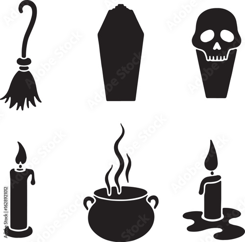 Spooky Halloween icons including skull, broom, coffin, and cauldron