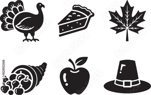 Celebrate Thanksgiving with festive icons turkey pie cornucopia apple and hat