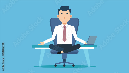 A businessman taking a break from work sitting in his office chair with eyes closed and hands resting on his lap using meditation to clear his mind.