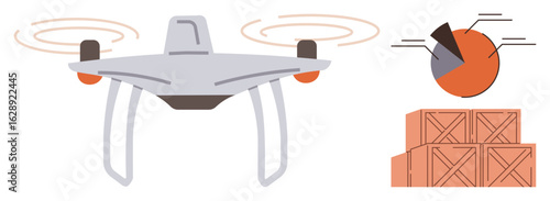 Drone hovering near a stack of boxes and pie chart visualization. Ideal for logistics, technology, delivery, data analysis, automation, supply chain, innovation. Simple flat metaphor