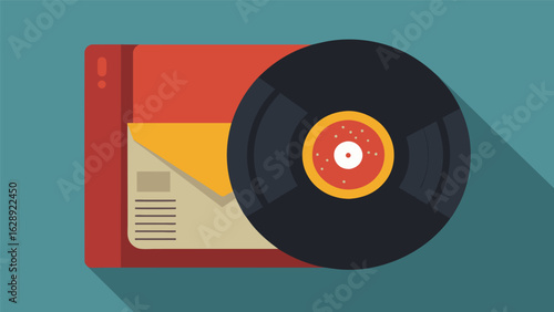 A record sleeve with a sticker indicating that it has been professionally cleaned and is now ready for purchase or listening. Vector illustration