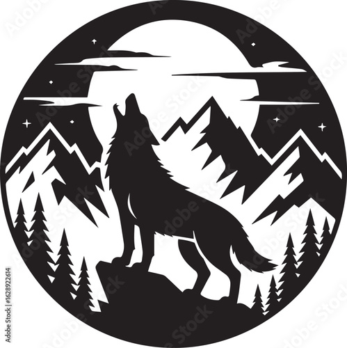 hand drawn style wolf howling at moon vector with forest mountains rock and dramatic clouds