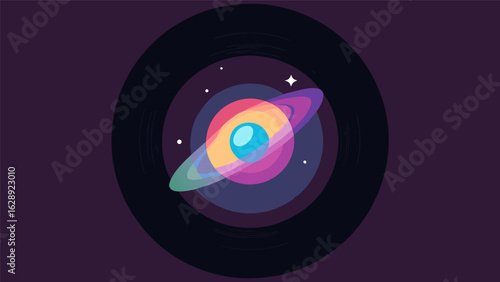 A closeup shot of a vinyl record with a holographic galaxy design showcasing the endless possibilities of vinyl coloring. Vector illustration