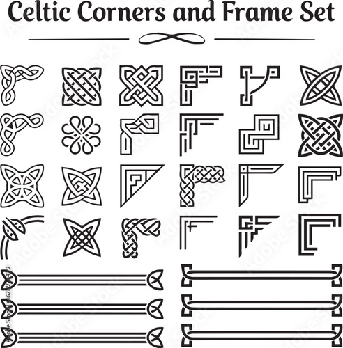 set of celtic corner ornaments and border frames in vector format including 20 knotwork corners and 4 interlaced frames