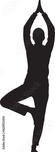 Black silhouette of a person performing a yoga tree pose with hands clasped overhead vrikshasana