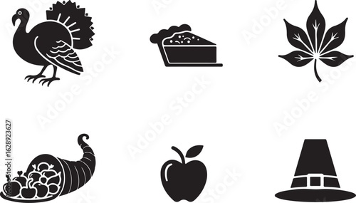 Thanksgiving icons turkey pie leaf cornucopia apple pilgrim hat festive