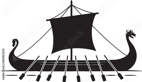 Black silhouette of a Viking longship with a sail and oars viking ship dragon boat