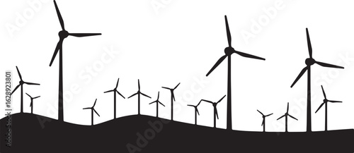 Black silhouette of multiple wind turbines on rolling hills against a white background black and white