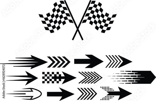 A black and white racing-themed design set featuring crossed checkered flags and a collection of dynamic motion arrows.