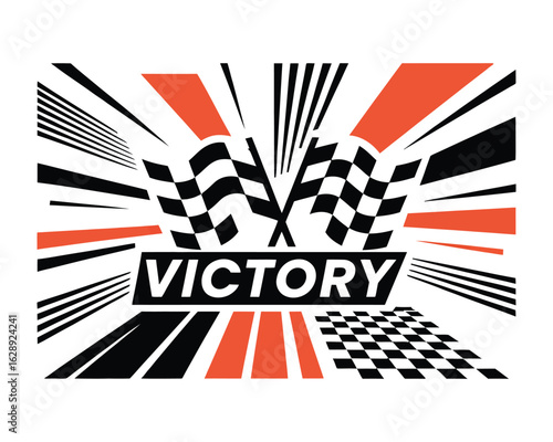 Dynamic motorsport illustration featuring crossed checkered flags and a victory banner. A collection of racing-themed design elements and graphic patterns.
