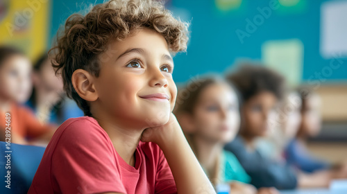 A young boy with curly hair looks up smiling in a classroom with other students in the background blurred