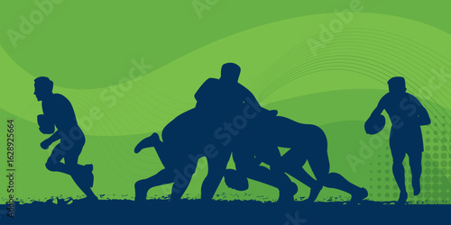 Silhouettes of Rugby Players in Action on Green Abstract Background