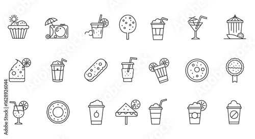 vector icons of fruits and desserts with soft blob backgrounds, hand-drawn organic style, peach and beige palette, thick outlines, minimal vector icons of healthy fruits and snacks, cartoonish style 