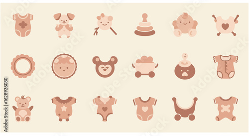 cute baby-themed vector icons with rounded shapes, pastel pink and beige palette, cartoon style, simple outlines, flat design, soft baby icons with organic blob backgrounds, warm tones, thick outlines