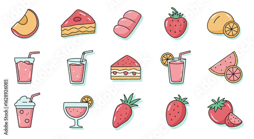 summer fruit and drink vector icons with pastel tones, flat cartoon style, thick outlines, soft shadows, minimal detail, cute dessert and juice illustrations with watermelon and citrus elements