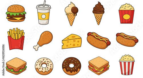 cartoon-style vector icons of breakfast food items, bold outlines with soft inner shading, colorful and playful illustrations of sandwich, croissant, donut, hotdog, cheese, and fried egg, flat design 