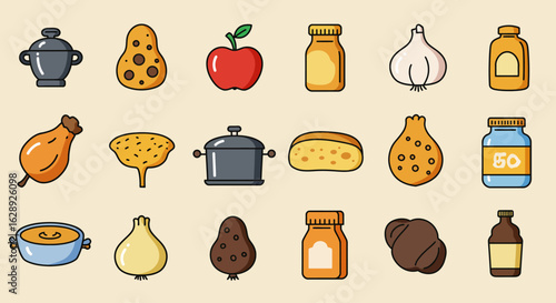 cartoon-style vector icons of breakfast food items, bold outlines with soft inner shading, colorful and playful illustrations of sandwich, croissant, donut, hotdog, cheese, and fried egg, flat design 