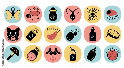 Minimalist flat icons set of allergy and food intolerance symbols in a clean vector style, simple outline with soft color fills, perfectly symmetrical line art, consistent stroke weight, isolated on p