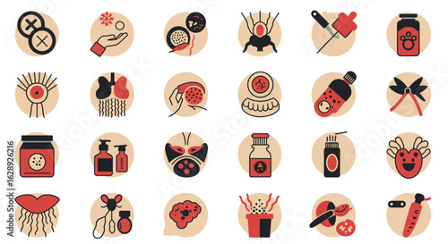 Minimalist flat icons set of allergy and food intolerance symbols in a clean vector style, simple outline with soft color fills, perfectly symmetrical line art, consistent stroke weight, isolated on p