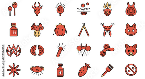 Minimalist flat icons set of allergy and food intolerance symbols in a clean vector style, simple outline with soft color fills, perfectly symmetrical line art, consistent stroke weight, isolated on p