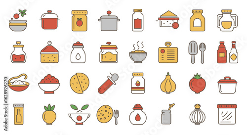 A trendy set of cooking and food preparation icons in a contemporary vector style, bold yet minimal design, stylish color blocking, smooth rounded edges, flat vector artwork perfect for digital 