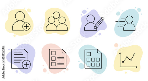 modern flat vector icons in minimal line art style, accented with yellow, green, red, purple, orange, and blue, arranged in two rows with cohesive design for workflow and productivity themes