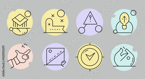 modern flat vector icons in minimal line art style, accented with yellow, green, red, purple, orange, and blue, arranged in two rows with cohesive design for workflow and productivity themes