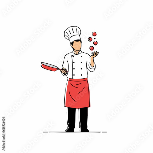 Chef Juggling Tomatoes with Frying Pan in Kitchen Setting for Culinary Blogs, Cooking Websites, Recipe Cards, Food Education, and Social Media Content  