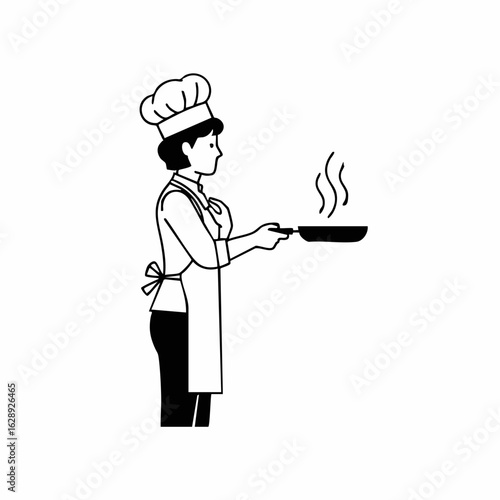 Chef Cooking with Frying Pan and Steam for Culinary Blogs, Food Websites, Recipe Cards, Cooking Education, and Kitchen Awareness  