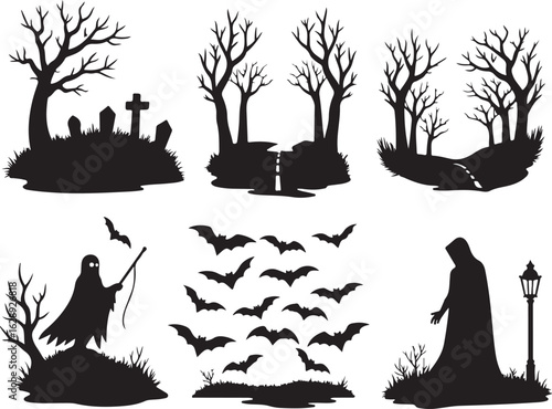 Spooky Halloween silhouettes create eerie scenes with bats and ghosts