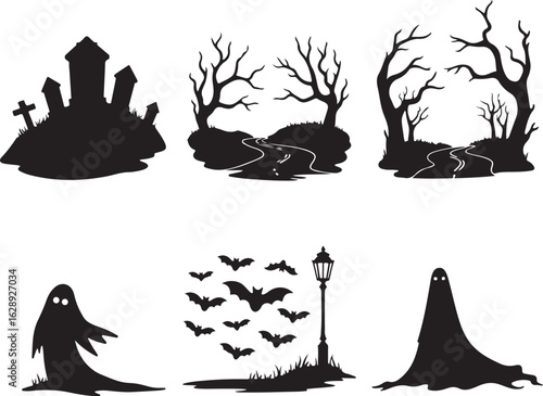 Spooky Halloween silhouettes with ghosts, bats, haunted trees, and graveyard