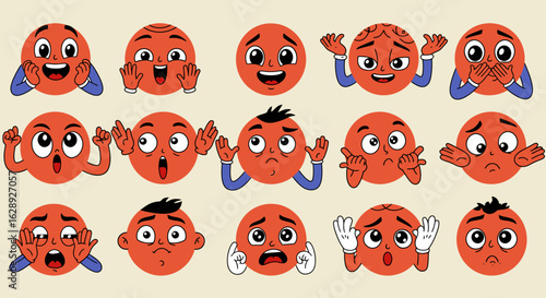 A vibrant collection of round cartoon characters showing a wide range of emotions and feelings. Conceptual illustration set of expressive faces.