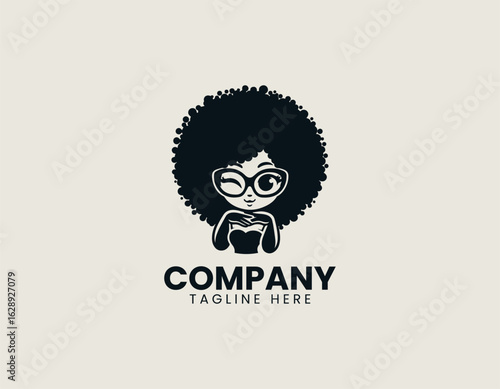 Cute cartoon illustration of a winking girl with curly afro hair and stylish round glasses. Personality and Diversity concept