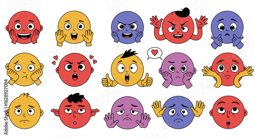 Collection of expressive cartoon character faces. A diverse set of round emoticons illustrating a wide range of human emotions and feelings.