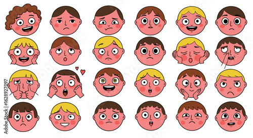 Set of various boy character heads with different facial expressions. Illustrated icons showing human feelings and emotions.