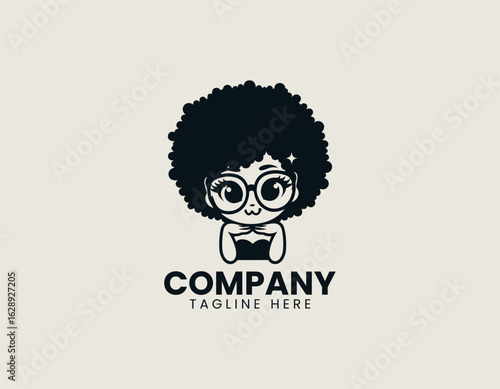 Cute cartoon illustration of a winking girl with curly afro hair and stylish round glasses. Personality and Diversity concept