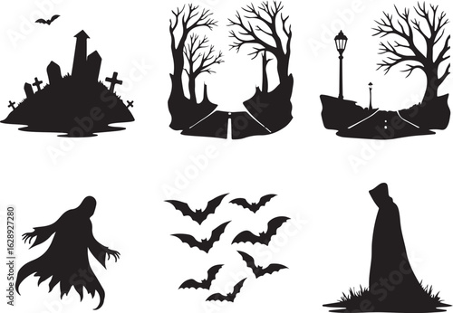 Spooky Halloween silhouettes create eerie scenes with bats, ghosts, and graveyards