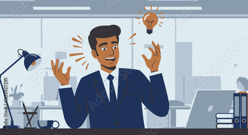 Excited businessman gets a brilliant idea in the office. Creative professional with a lightbulb symbolizing innovation and a eureka moment.