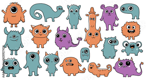 A diverse collection of cute cartoon monsters. Set of funny, colorful creature characters designed for kids. Hand-drawn doodle alien illustrations.