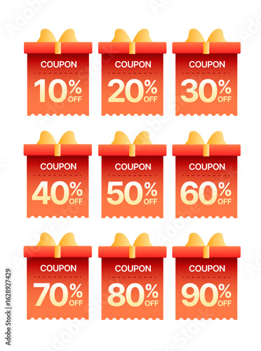 Set of gift vouchers template with coupon code, percentage off in gift box shape, isolated on white background. Coupon book in vector illustration. Vector illustration